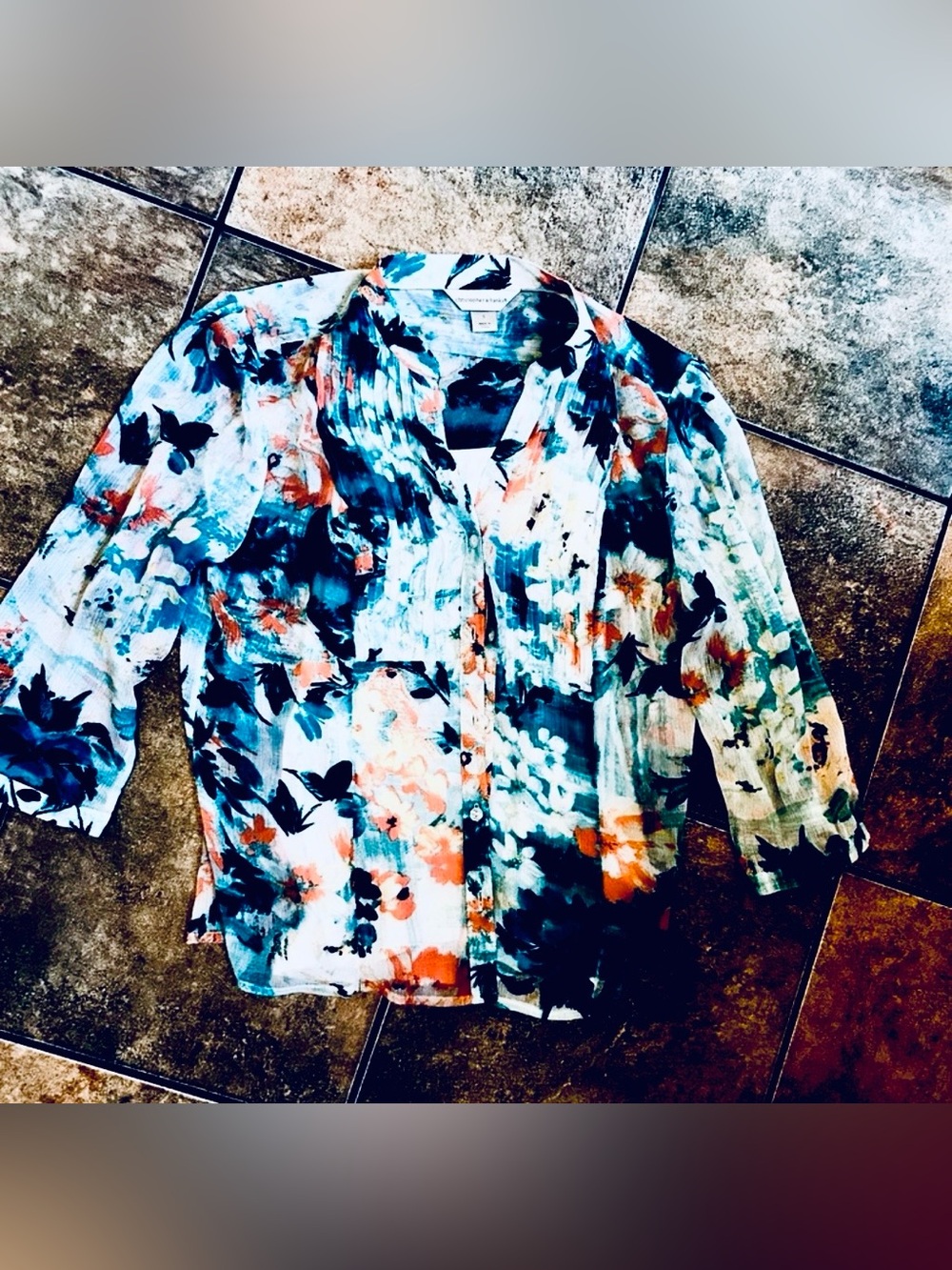 Christopher & Banks blue, orange, and black floral button up blouse in size S